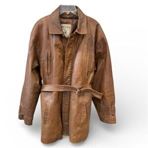 Wilda Brown Full Grain Leather Belted Short Trench Coat Mens L Zip Liner Casual